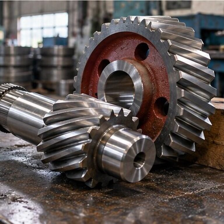 Ground helical pinion shaft beside its mating gear on a workbench at Parkash Gears, Ludhiana