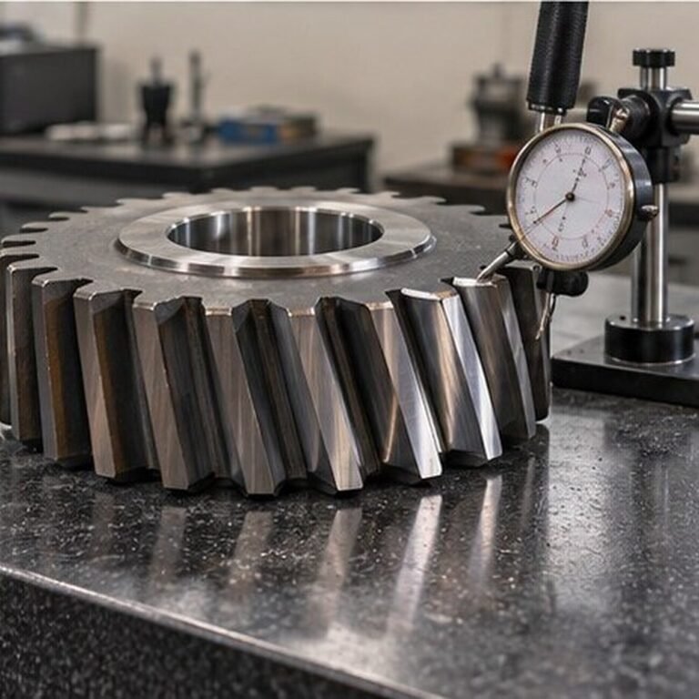 Hardened and ground spur gear checked with a dial indicator on a granite surface plate at Parkash Gears