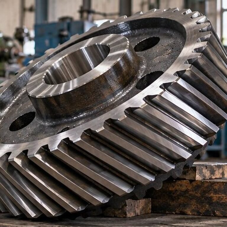 Hardened and ground helical gear resting on wooden blocks at the Parkash Gears plant in Ludhiana, mirror-ground tooth flanks