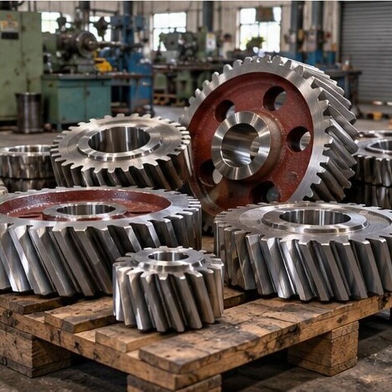 Batch of finished ground gears of different sizes on wooden pallets at the Parkash Gears factory in Ludhiana