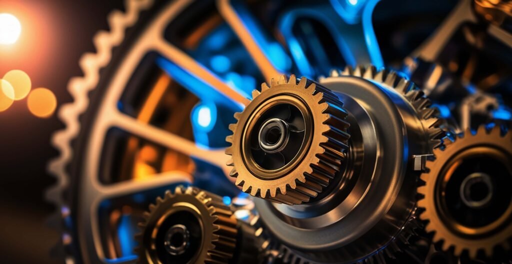 Gear teeth cutting and gear grinding services at Parkash Gears, Ludhiana - close up of machined industrial gears in mesh